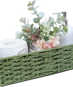 Round Paper Rope Storage Basket Wicker Baskets for Organizing with Handle Decorative Storage Bins for Countertop Toilet Paper Basket for Toilet Tank Top Small Baskets . Green