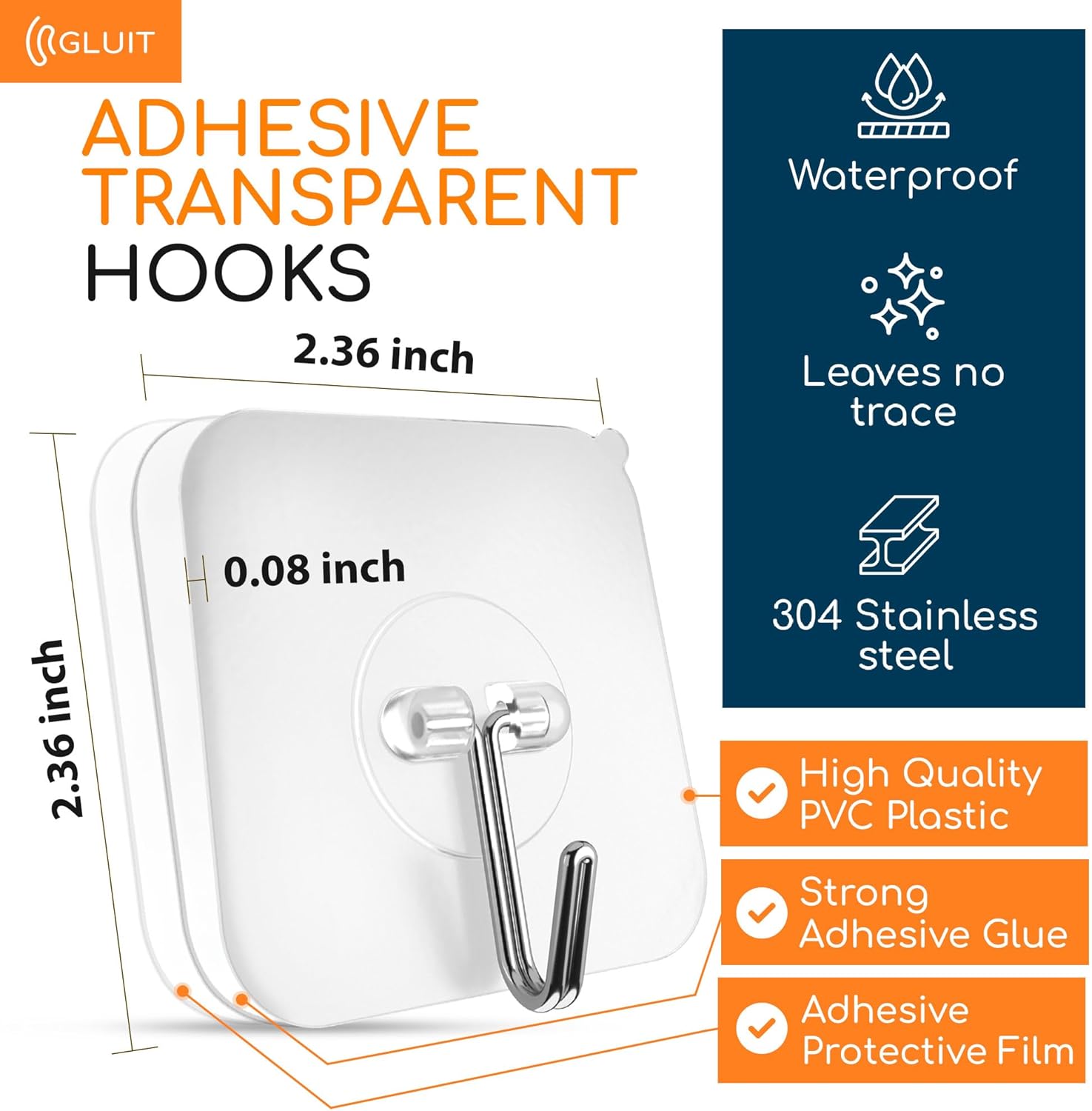 GLUIT Adhesive Wall Hooks for Hanging Heavy Duty 22 lbs Hooks for Walls No Drill. Towel Sticky Clear Hook. Waterproof. Home. Bathroom. Kitchen. Office. and Outdoor 12 Pack - Image 2