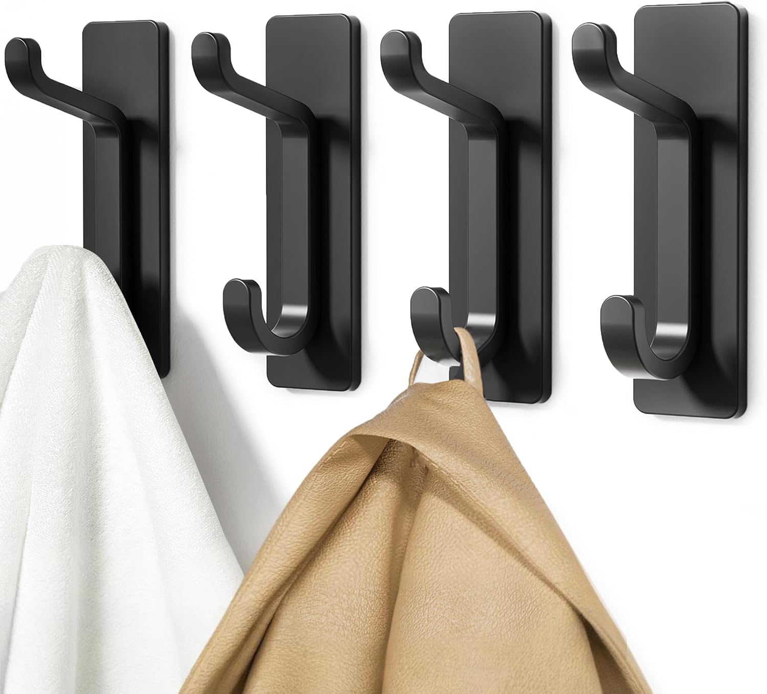 pickpiff Wall Hooks for Coat and Towel: 13LB Strong Adhesive Door Hanger Stick on. Black 4 Pack
