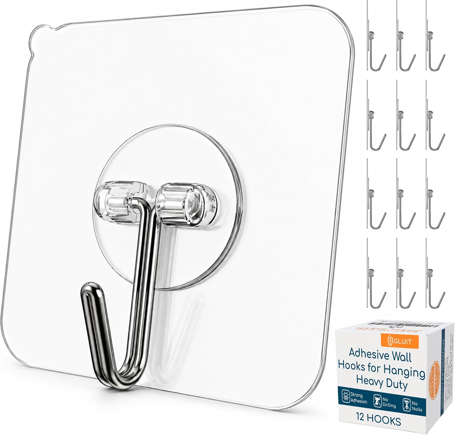GLUIT Adhesive Wall Hooks for Hanging Heavy Duty 22 lbs Hooks for Walls No Drill. Towel Sticky Clear Hook. Waterproof. Home. Bathroom. Kitchen. Office. and Outdoor 12 Pack