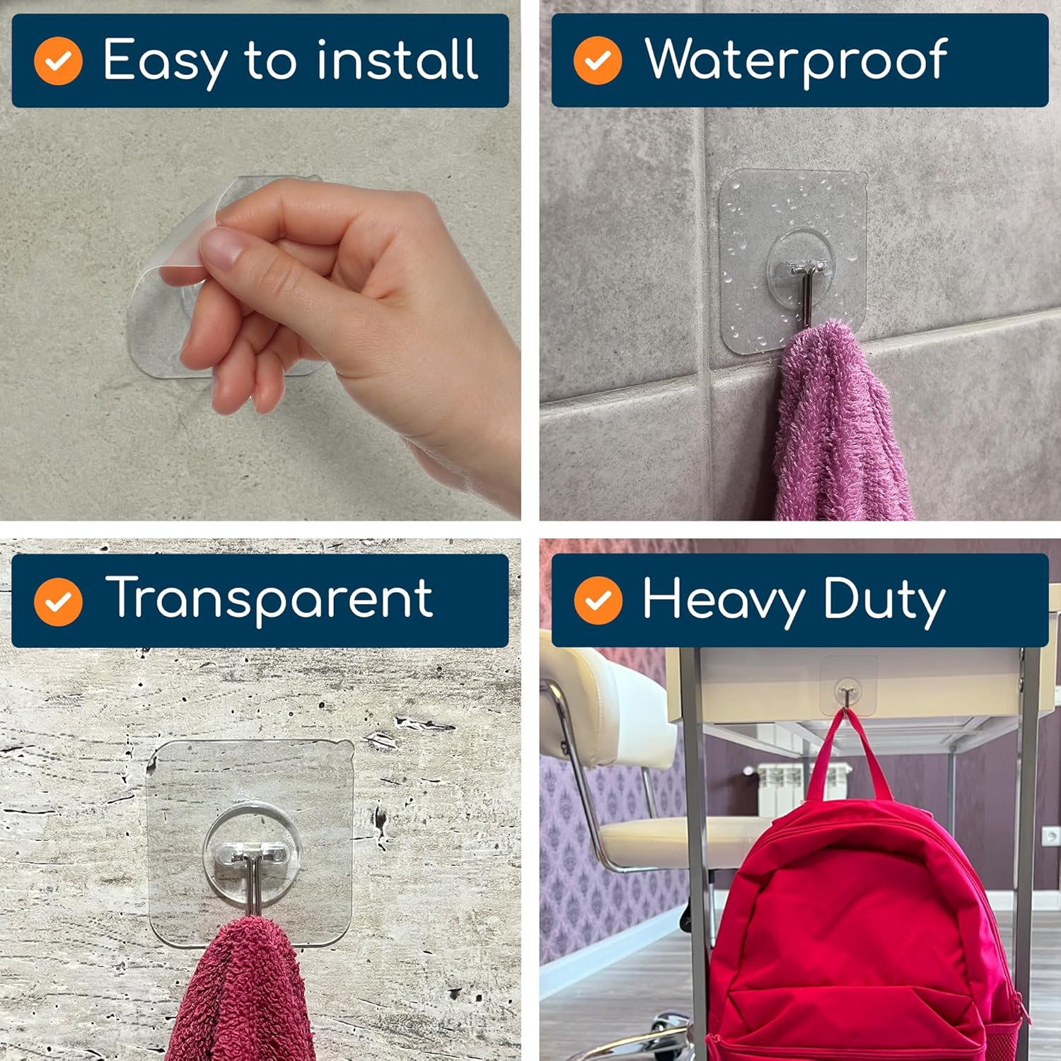 GLUIT Adhesive Wall Hooks for Hanging Heavy Duty 22 lbs Hooks for Walls No Drill. Towel Sticky Clear Hook. Waterproof. Home. Bathroom. Kitchen. Office. and Outdoor 12 Pack - Image 6