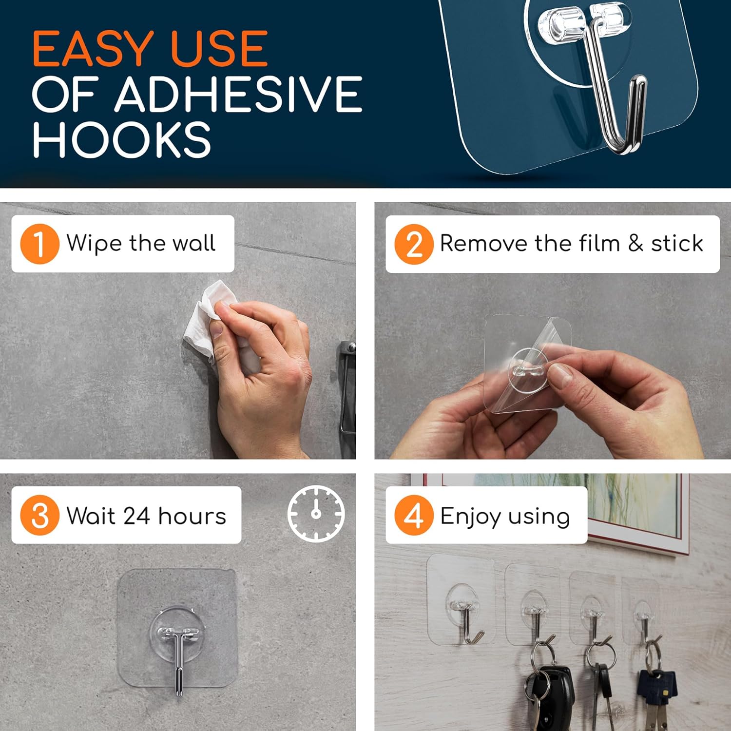 GLUIT Adhesive Wall Hooks for Hanging Heavy Duty 22 lbs Hooks for Walls No Drill. Towel Sticky Clear Hook. Waterproof. Home. Bathroom. Kitchen. Office. and Outdoor 12 Pack - Image 7