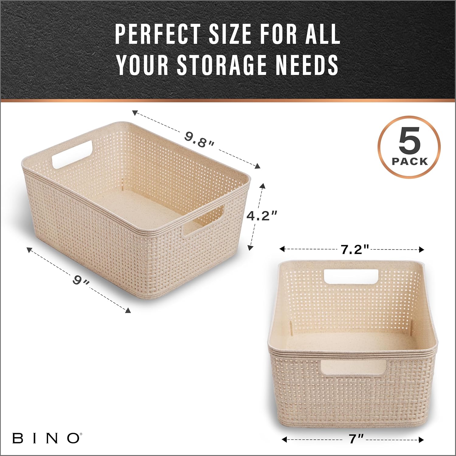 BINO | Woven Plastic Basket | Small (Natural). 5-Pack | THE JUTE COLLECTION | Home Organization. Space - Saving Storage. Stylish Design | Jute Basket | Plastic Storage Basket - Image 3